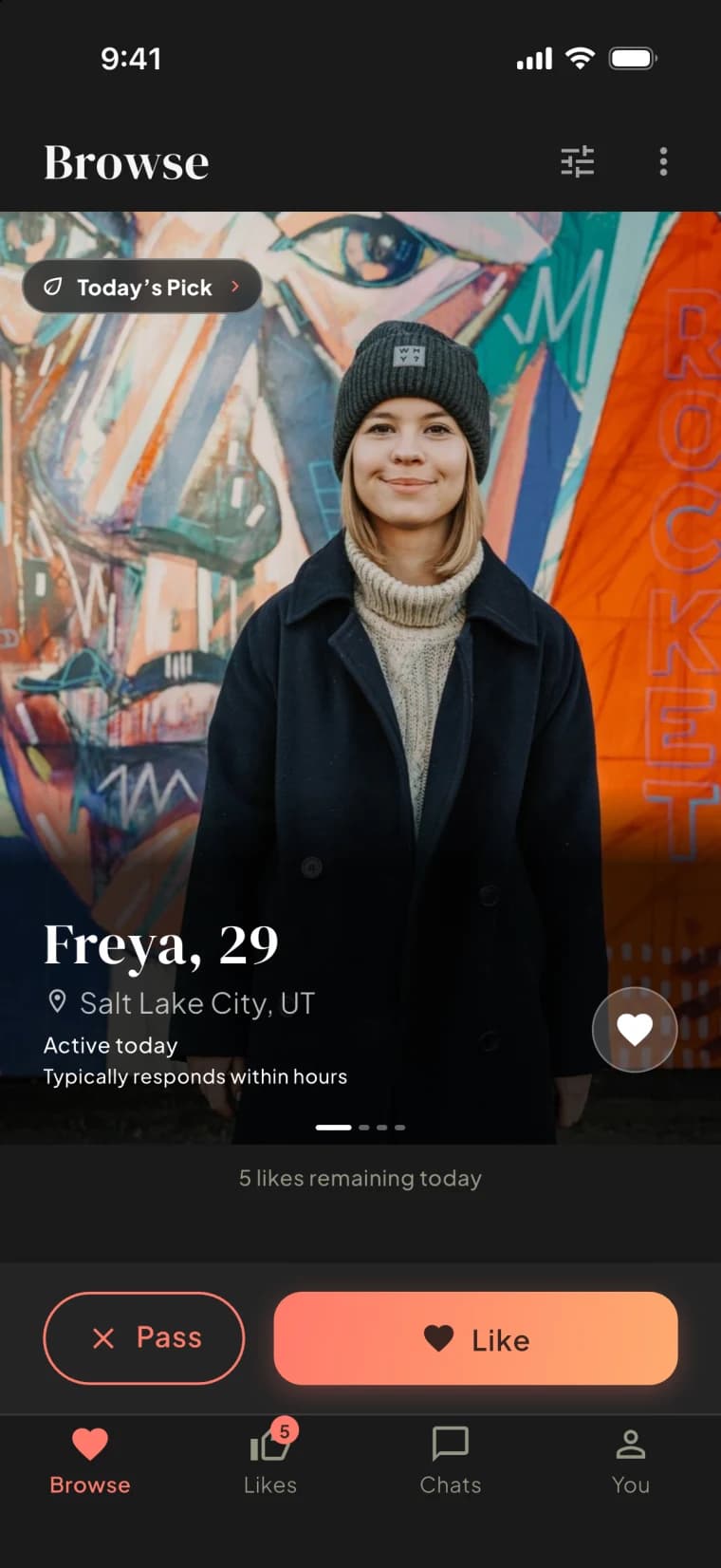 Bloom's Browse screen, showing one profile at a time