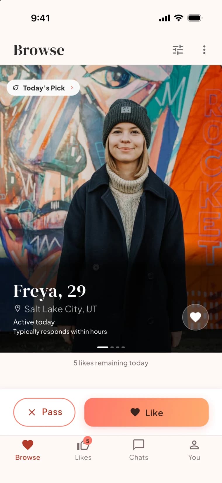 Bloom's Browse screen, showing one profile at a time