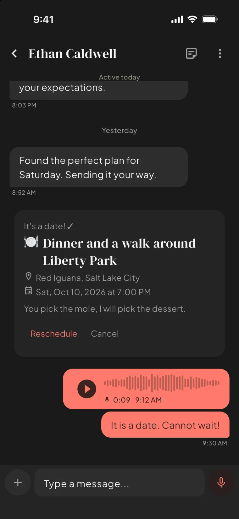 A Bloom chat with an accepted date plan card
