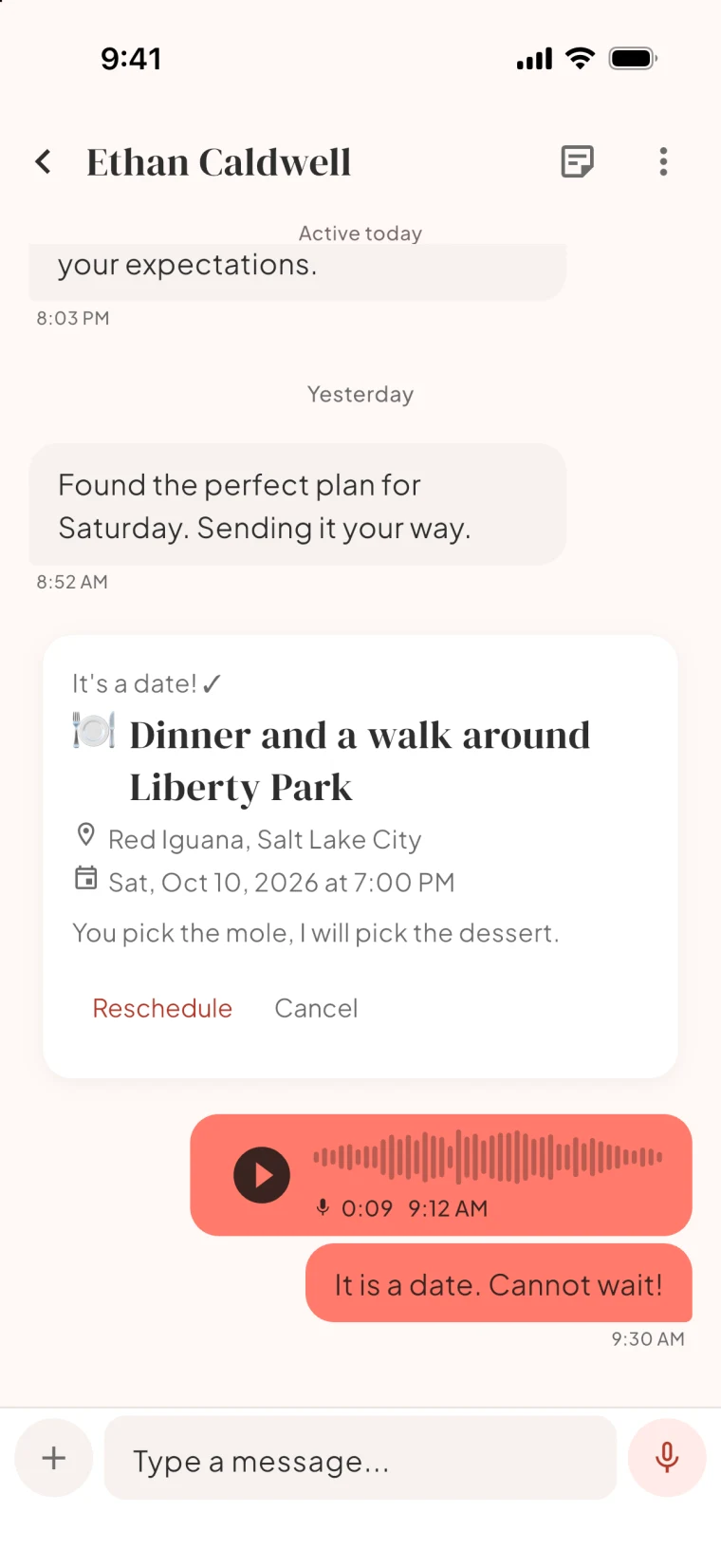A Bloom chat with an accepted date plan card