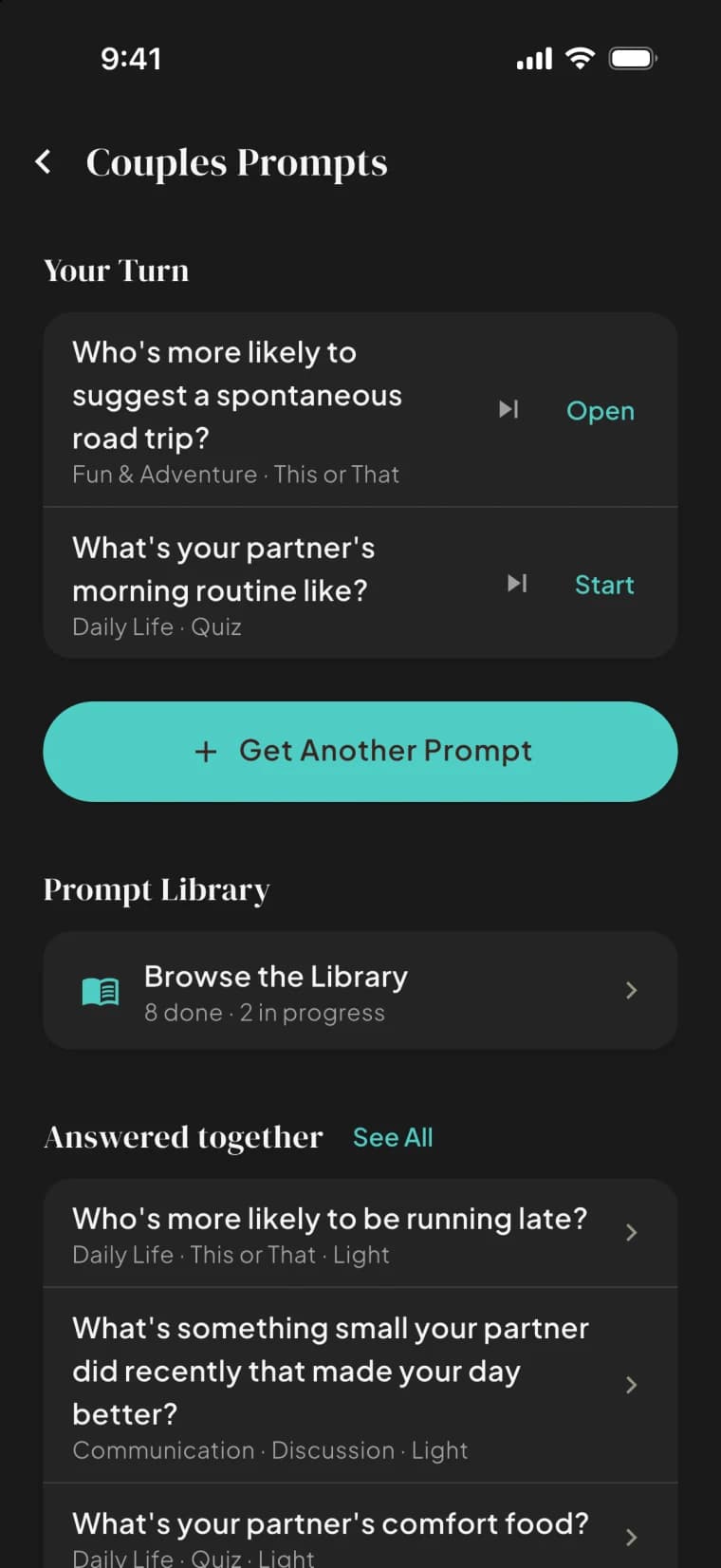 The Bloom couple prompts screen, with answered prompts