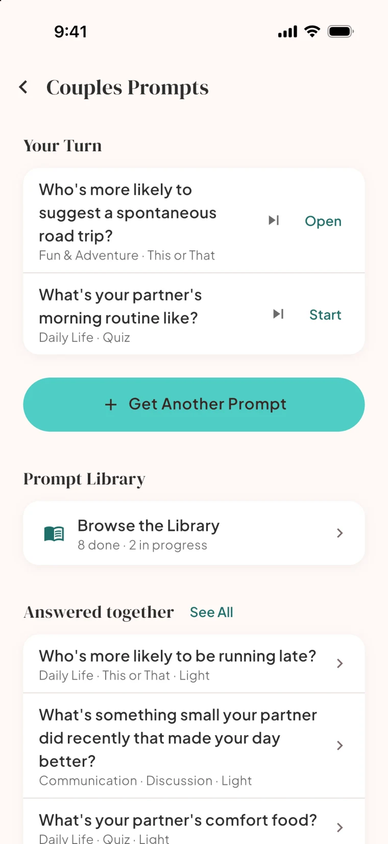 The Bloom couple prompts screen, with answered prompts