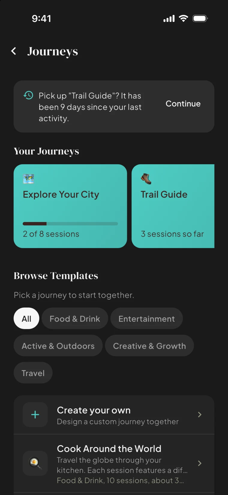 The Bloom Journeys screen, with journeys in progress