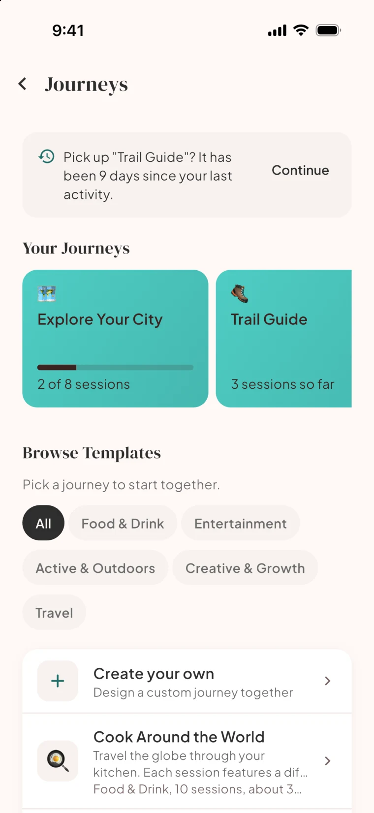 The Bloom Journeys screen, with journeys in progress