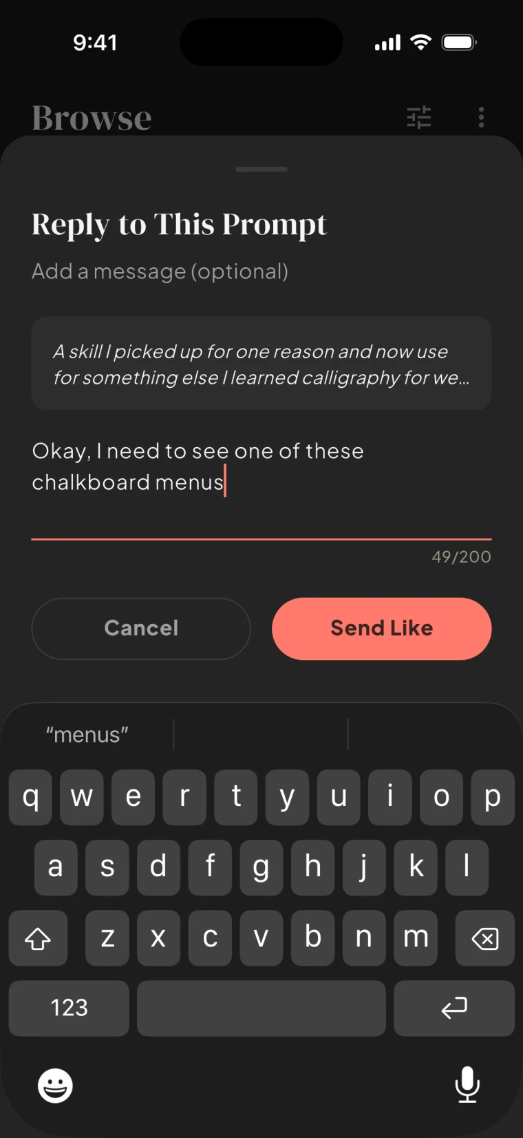 The Bloom reply sheet for liking a profile prompt