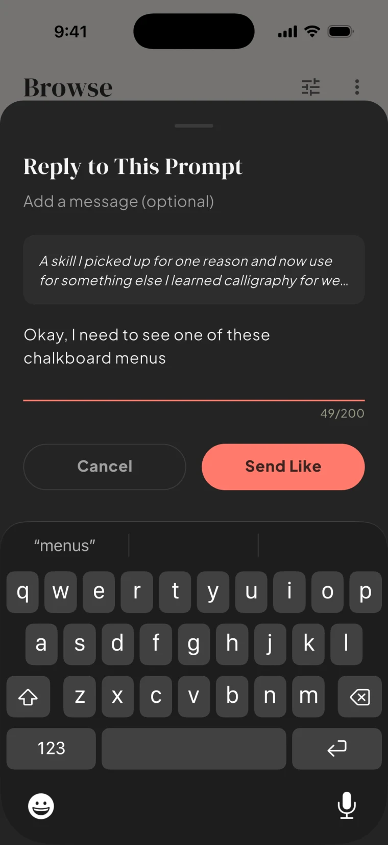 The Bloom reply sheet for liking a profile prompt