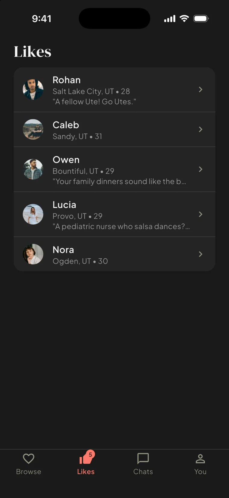 The Bloom likes screen, listing the people who liked you