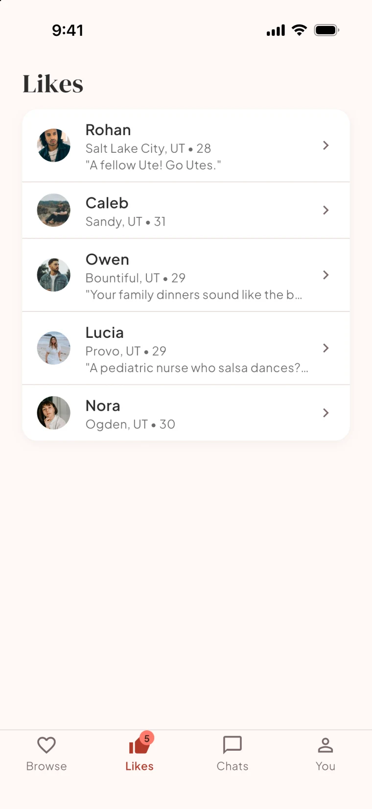 The Bloom likes screen, listing the people who liked you