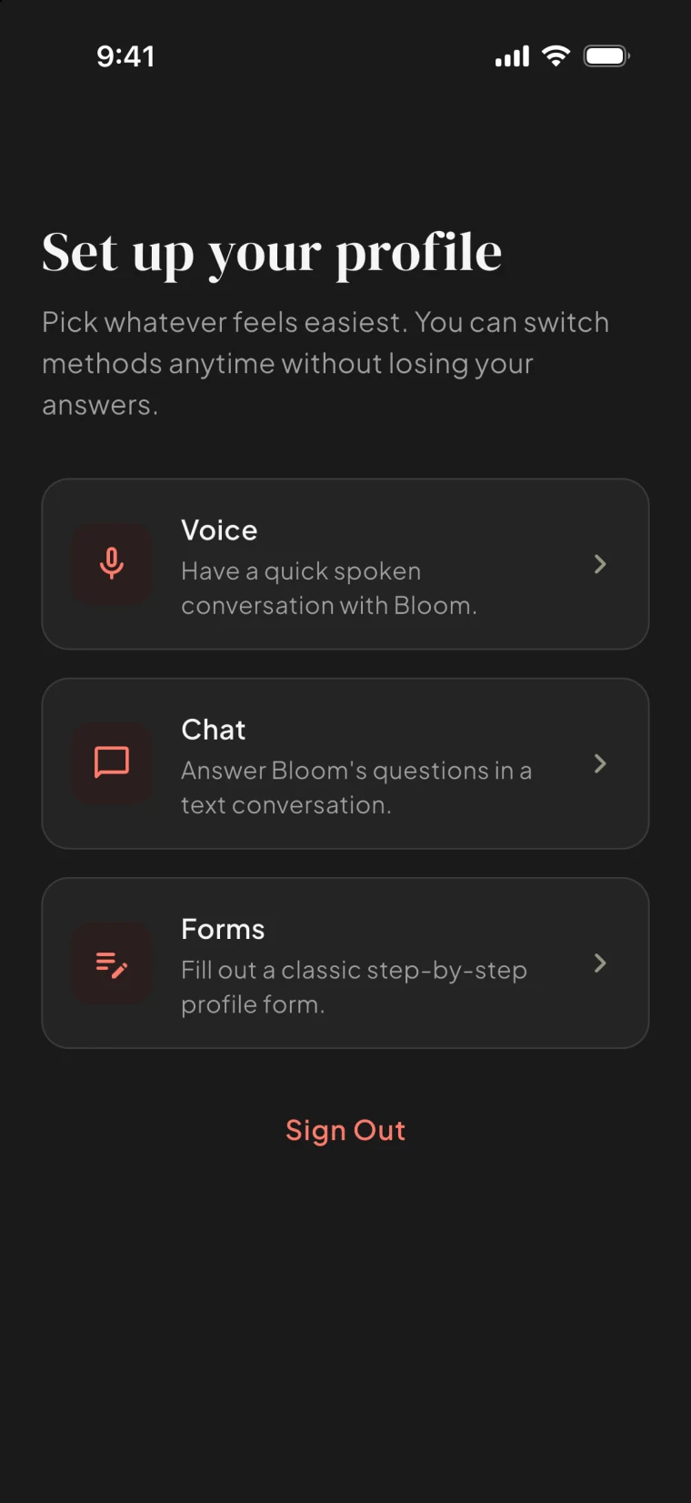 The Bloom onboarding screen, offering a voice conversation, a chat or forms