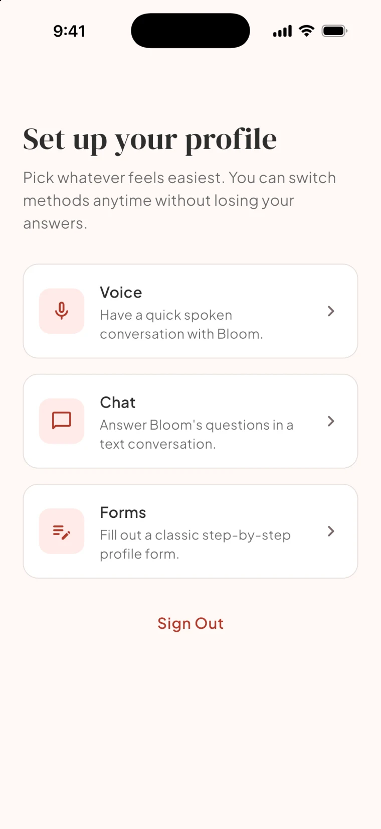 The Bloom onboarding screen, offering a voice conversation, a chat or forms