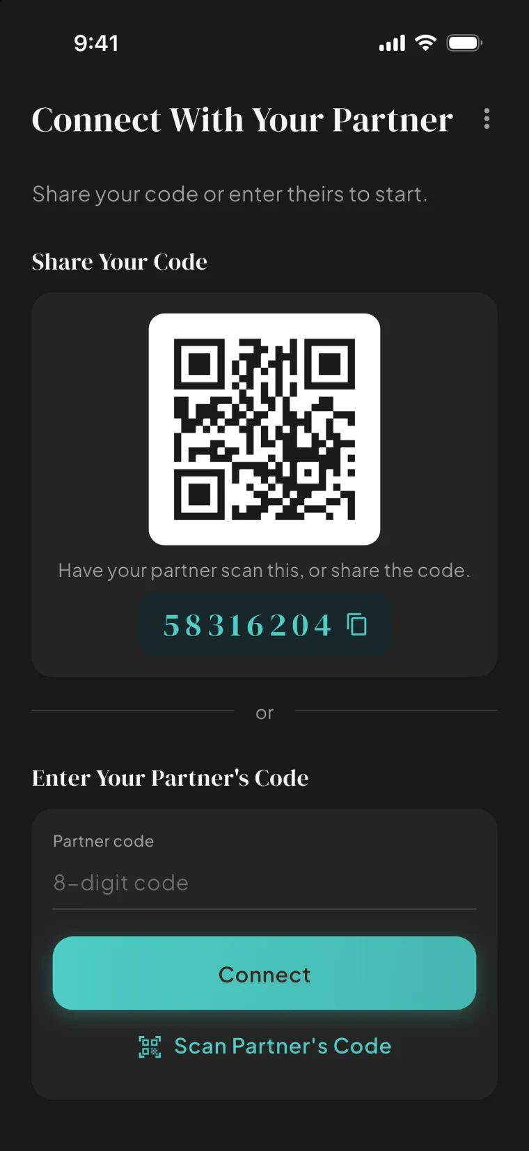 The Bloom pairing screen, with a QR code and an invite code