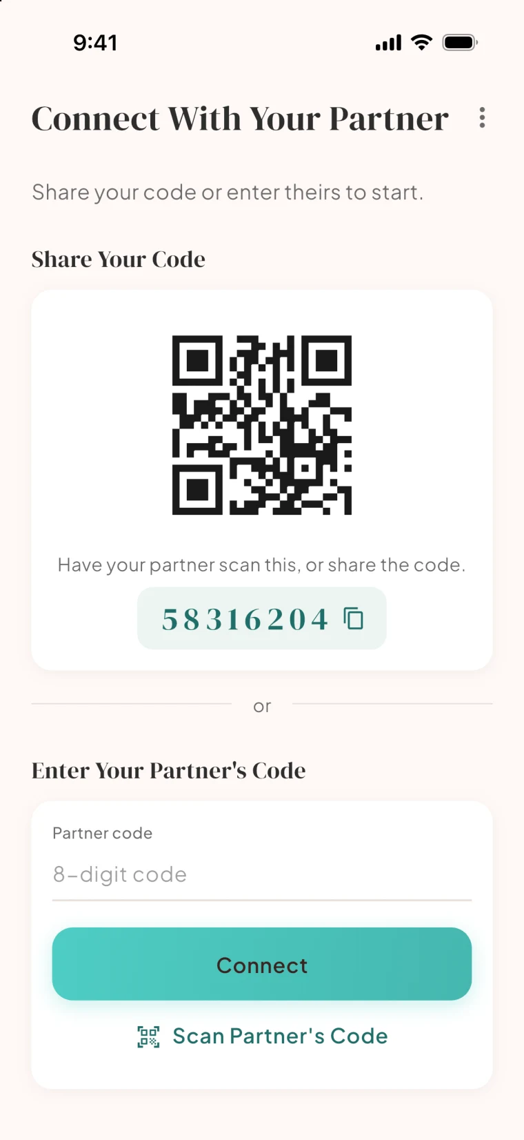 The Bloom pairing screen, with a QR code and an invite code