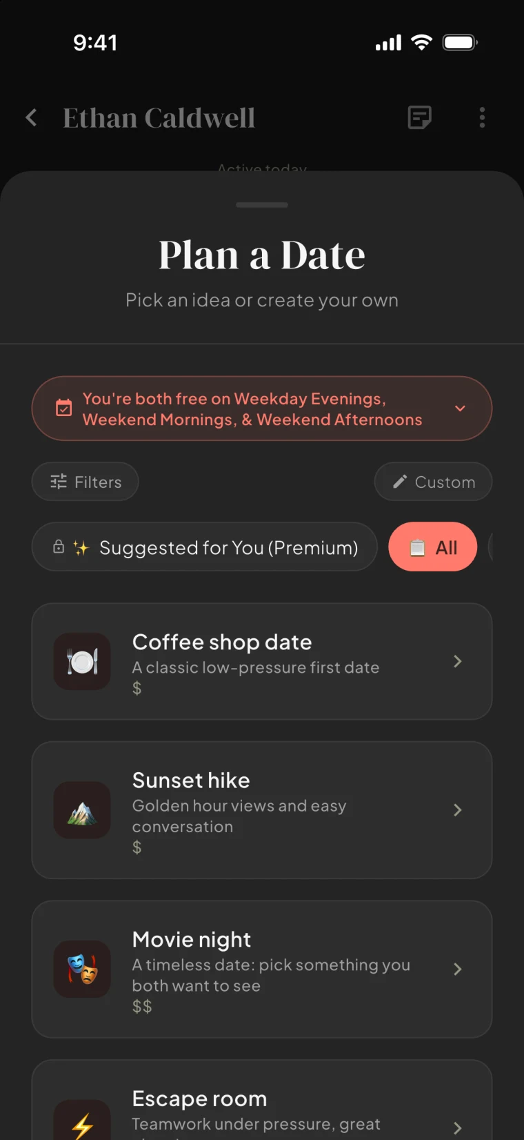 The Bloom plan a date sheet, with shared free time and date ideas