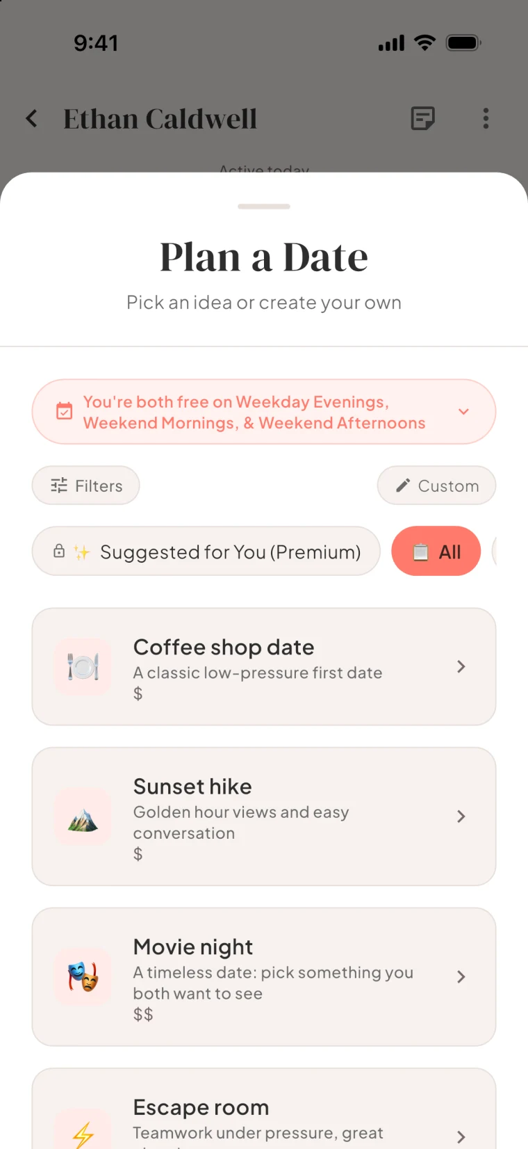 The Bloom plan a date sheet, with shared free time and date ideas