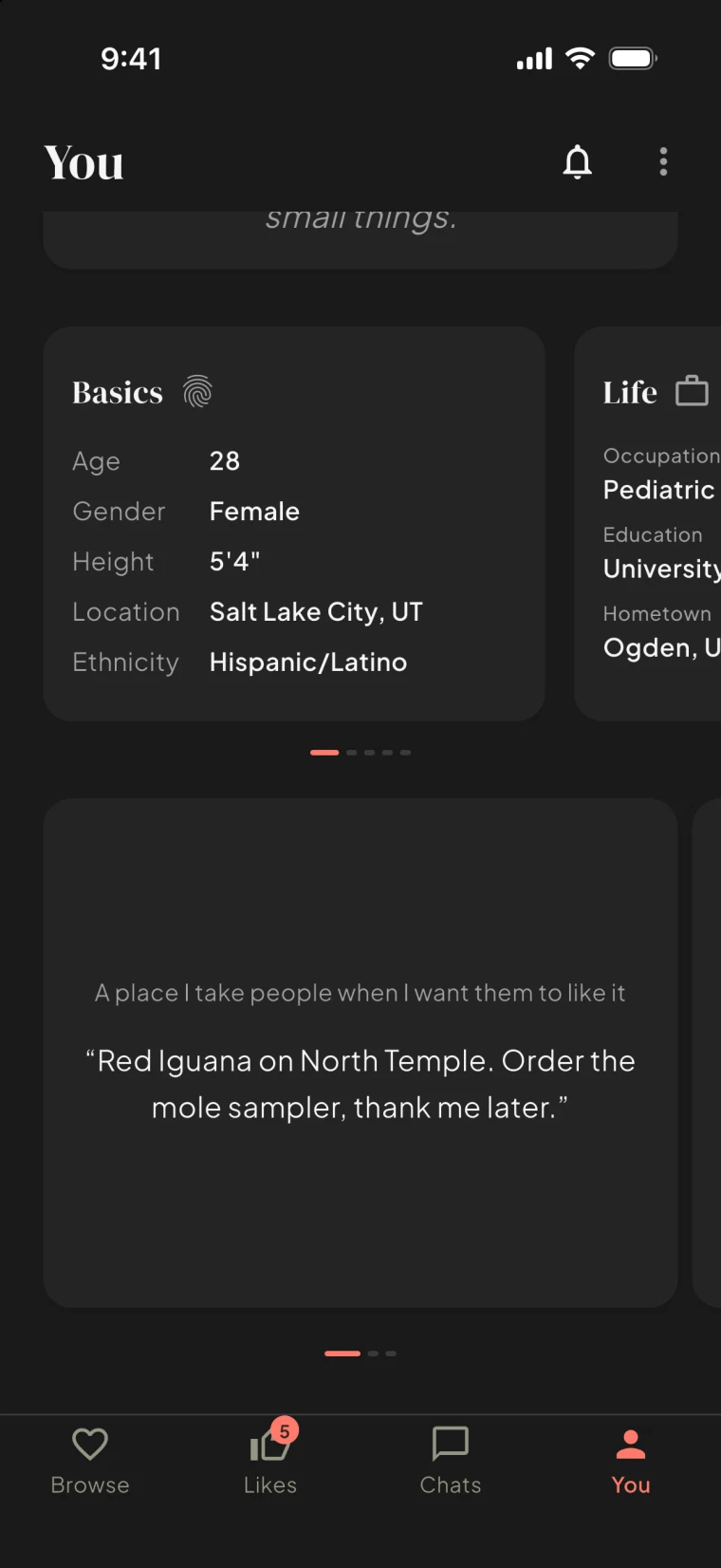 A Bloom profile scrolled to its basics and a prompt card