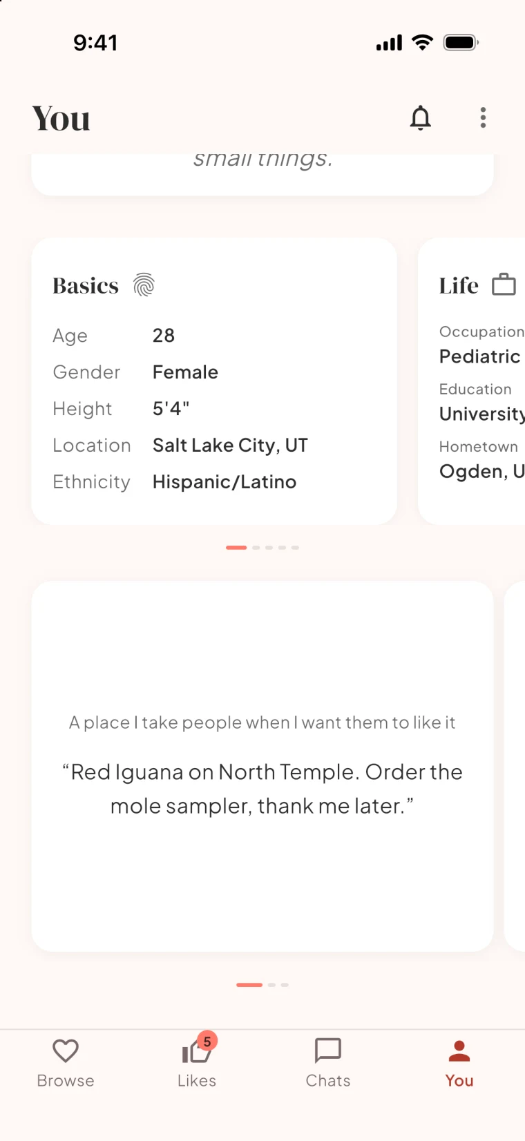 A Bloom profile scrolled to its basics and a prompt card
