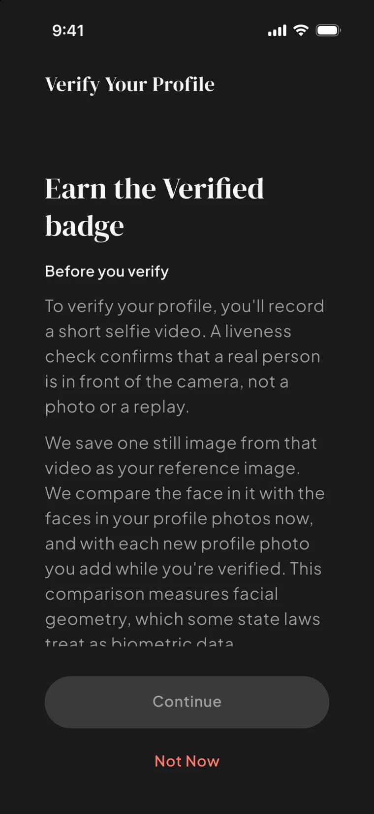 The Bloom selfie verification screen