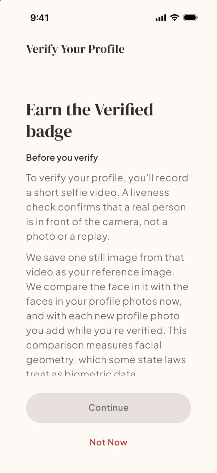 The Bloom selfie verification screen