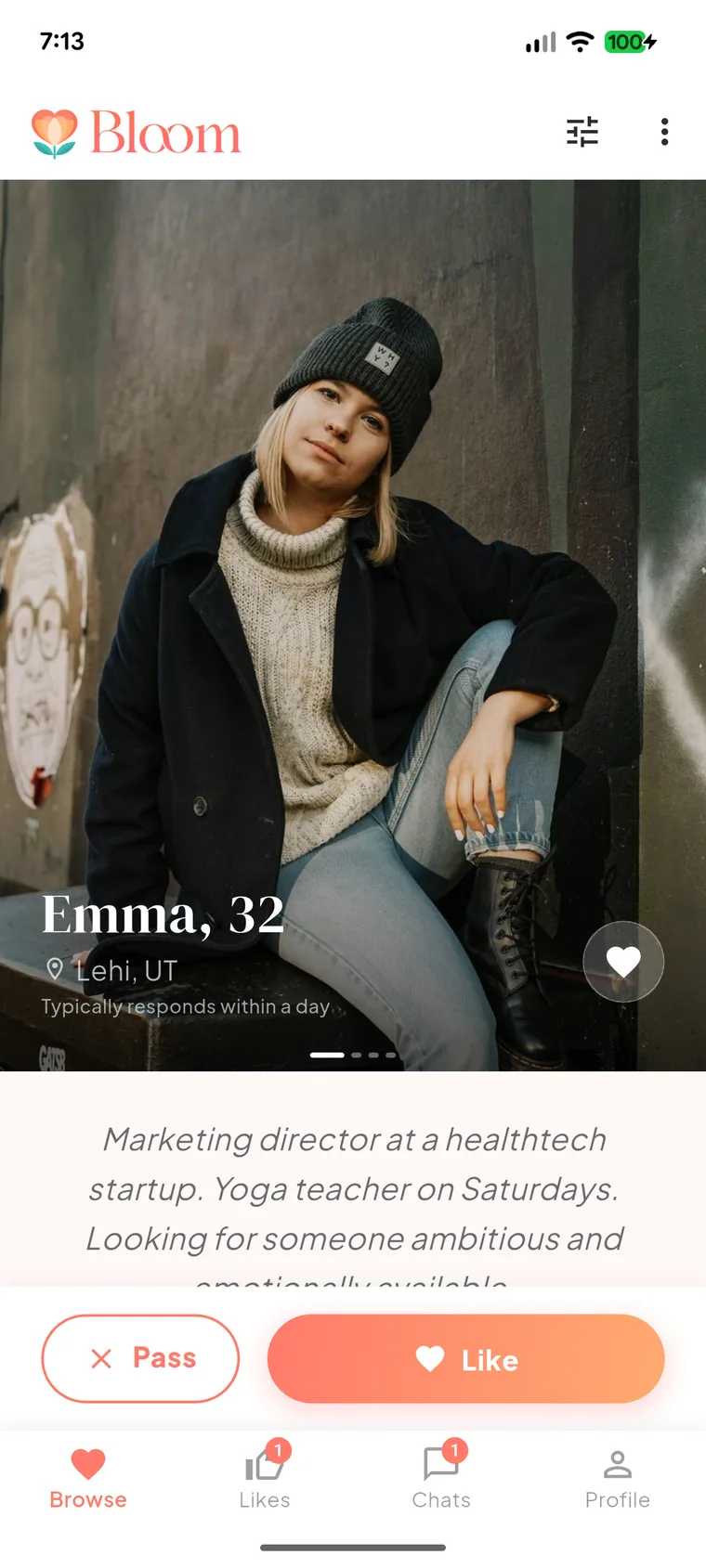 Bloom Browse, viewing a profile one at a time