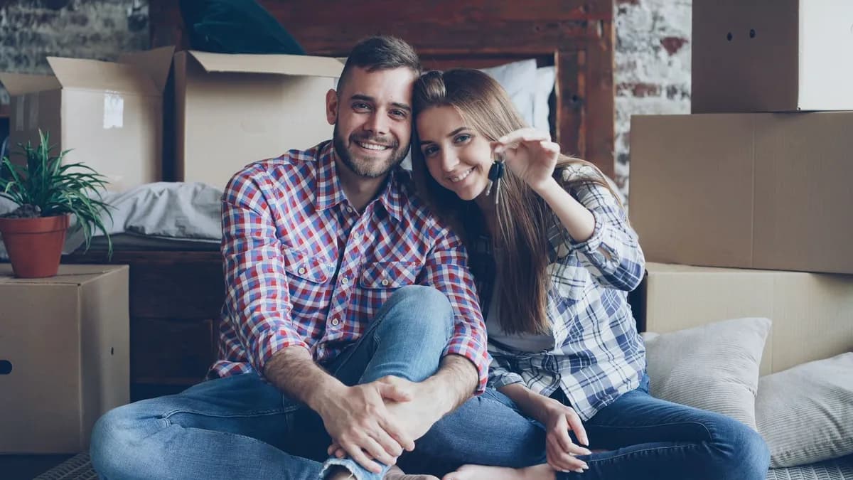 A couple sitting on the floor among moving boxes, smiling
